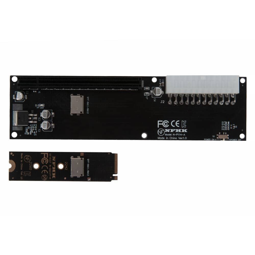 Переходник для SFF-8612 Oculink в M.2 NVMe eGPU + плата с доп питанием и разъемом PCIe x16 и SFF-8611 + кабель данных / NFHK N-8611Y-A N-P114-A